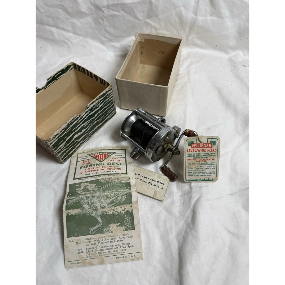 Vintage Pflueger Akron 1893-L Level Wind Fishing Reel Box Manual Tag USA